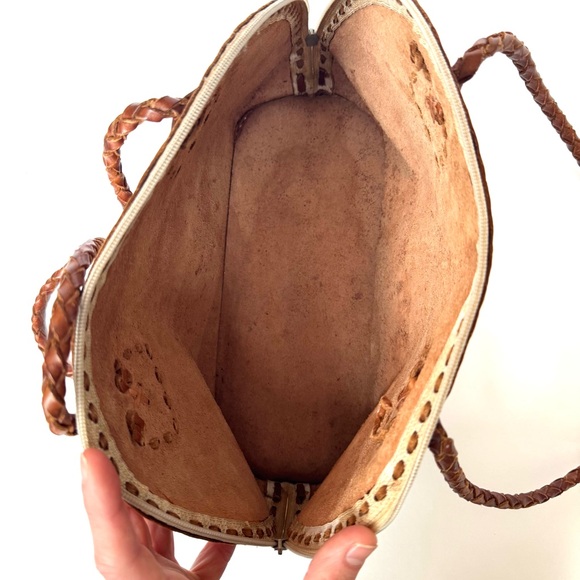 Vintage from de 2000’s Brown Raw Leather Floral Hand—Painted Shoulder Bag. - Picture 10 of 11